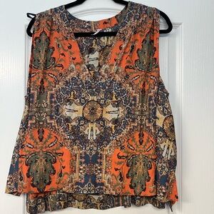 Free People Orange and Navy Patterned Blouse, NWOT, Size S